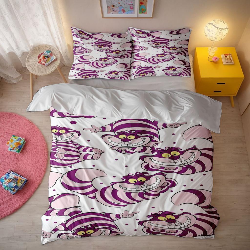 Alice In Wonderland Cheshire Cat Bedding Set Kawaii Pink Purple Duvet Cover With Pillowcases Anime Quilt Cover Bedroom Decor