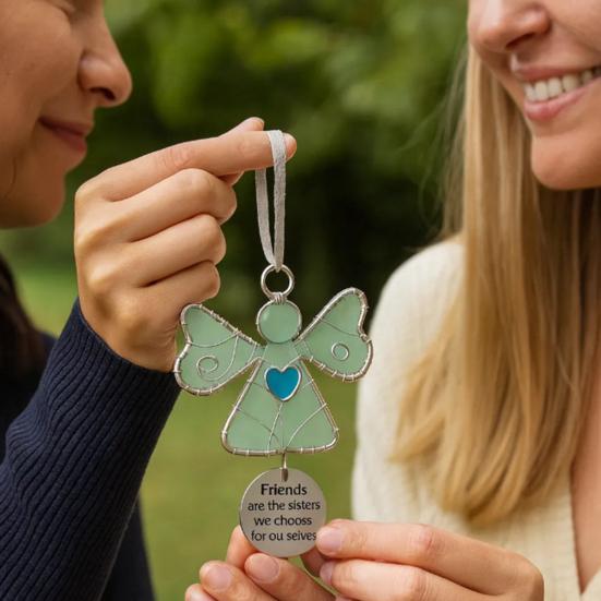 Weihnachtsanhänger Engel Ornament mit Glasmosaikherz Gravierter Freundschaftsvers Hängende Dekoration