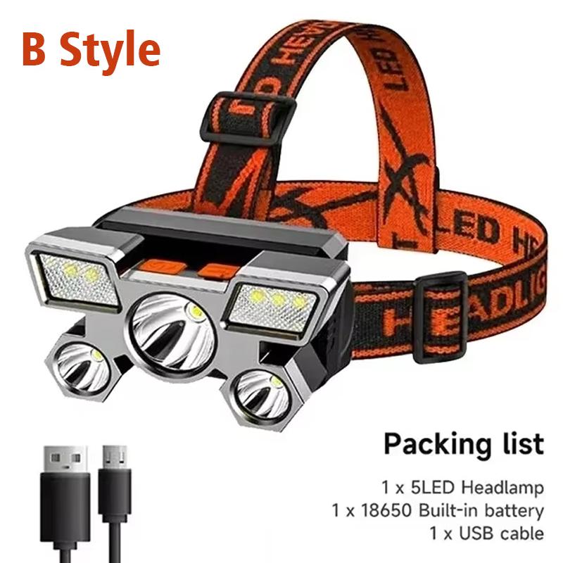 High Power Led Headlamp,5Led Super Bright Rechargeable Fishing Camping Light,Long Distance Head Mounted Mining Lamp, Flashlight
