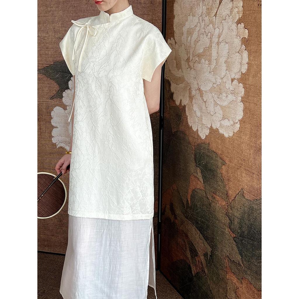 Luxi Jacquard New Chinese Style Cheongsam Dress with Mesh Hem and Tie-Up Placket