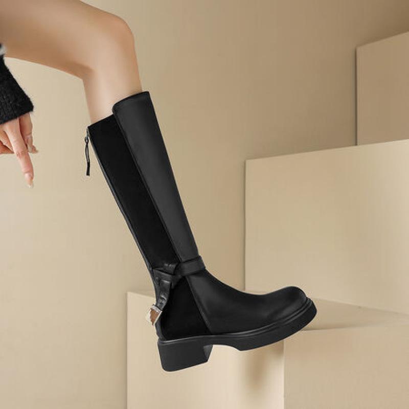 Autumn and Winter Women's Leather High Boots Thick-soled Non-slip Large-size Women's Boots Square Heel Comfortable Rear Zipper New Martin Boots