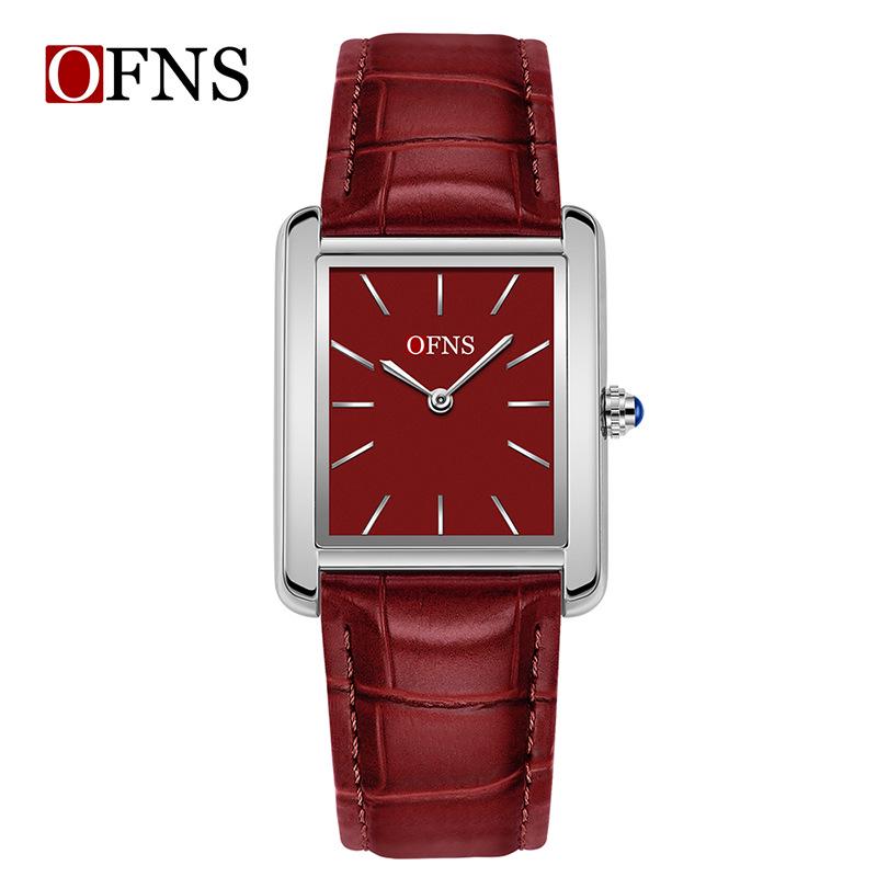 OFNS Women's Waterproof Stainless Steel and Leather Strap Square Fashion Quartz Watch