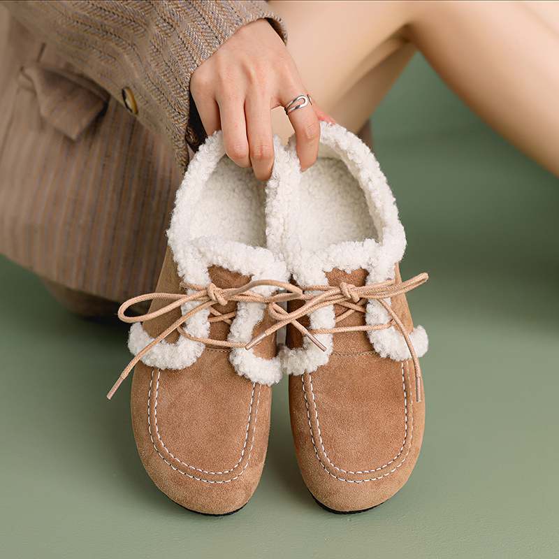 Krazing Pot Suede Fur Spring Autumn Winter Flats Lace Up Women Keep Warm Casual Shoes