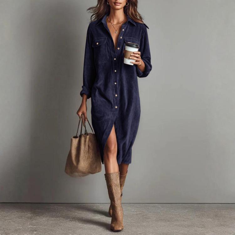 Loose Long Skirt Corduroy Long Sleeve Lapel Shirt Dress Women Casual Solid Color Fashion