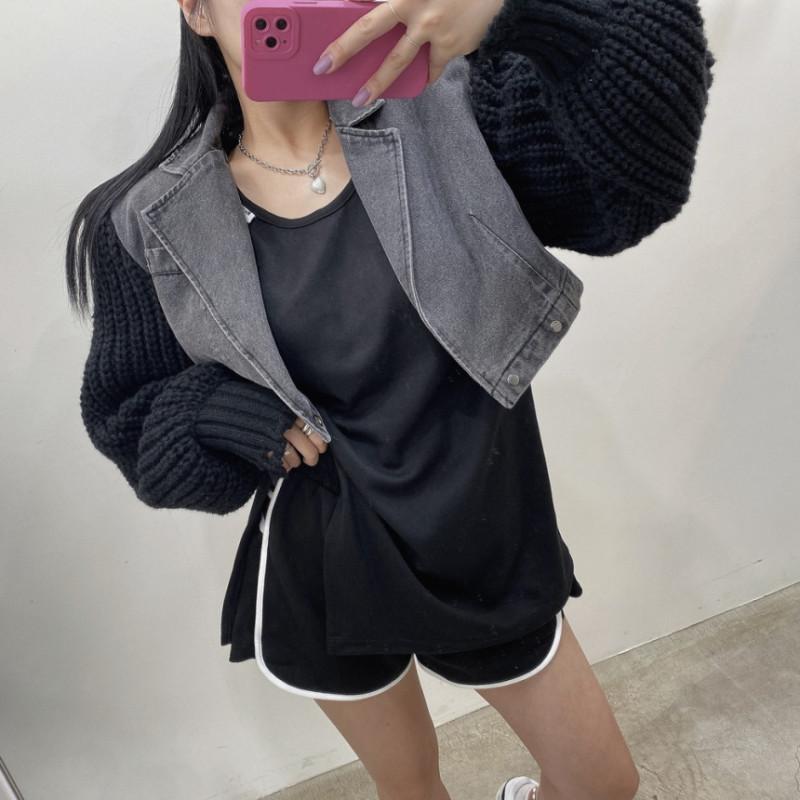 Spliced Denim Jacket Women  Autumn Winter New Long Sleeve Loose Jackets Vintage Casual Turn Down Collar Short Coats