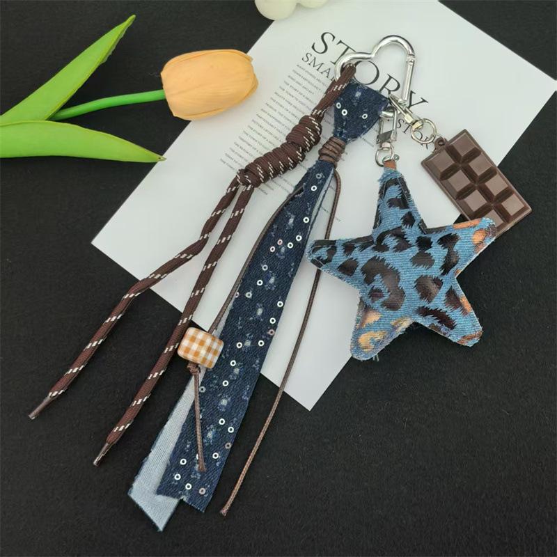 Fashionable Denim Canvas Bag Creative Design Heart-shaped Contrasting Star Pattern Denim Bag New Retro Casual Crossbody Hole Bag