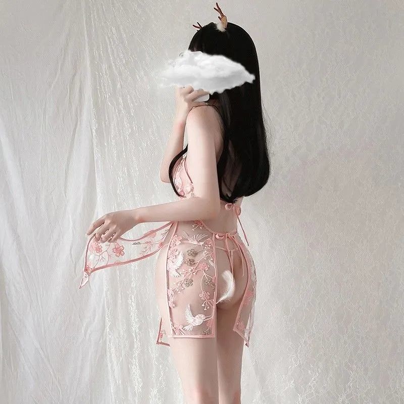 Sexy Cheongsam Lingerie Embroidered Sheer Qipao Nightwear Bed Seducing Costume Open Crotch Role Play Outfit Erotic for Women