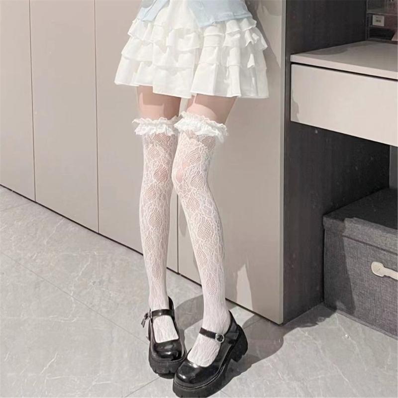 Japanese Style Fishnet Thigh Highs Stockings for Women JK Girl Flower Patterned Lace Ruffle Trim Frilly Over Knee Socks
