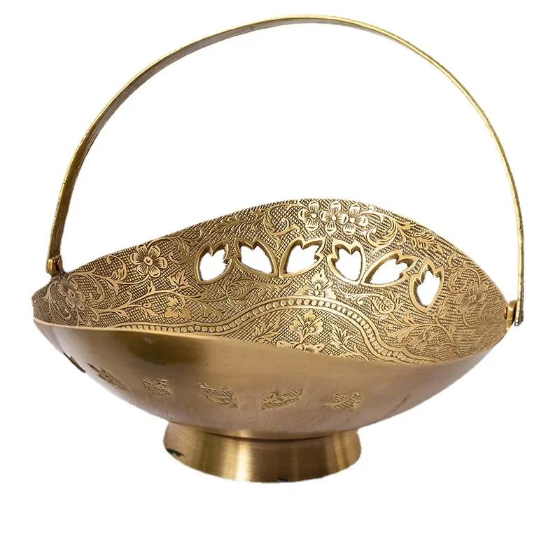 European Style Brass Carved Fruit Bowl Hollow Out Household Tea Table Snack Porch Key Jewelry Storage Tray Elegant Fruit Tray