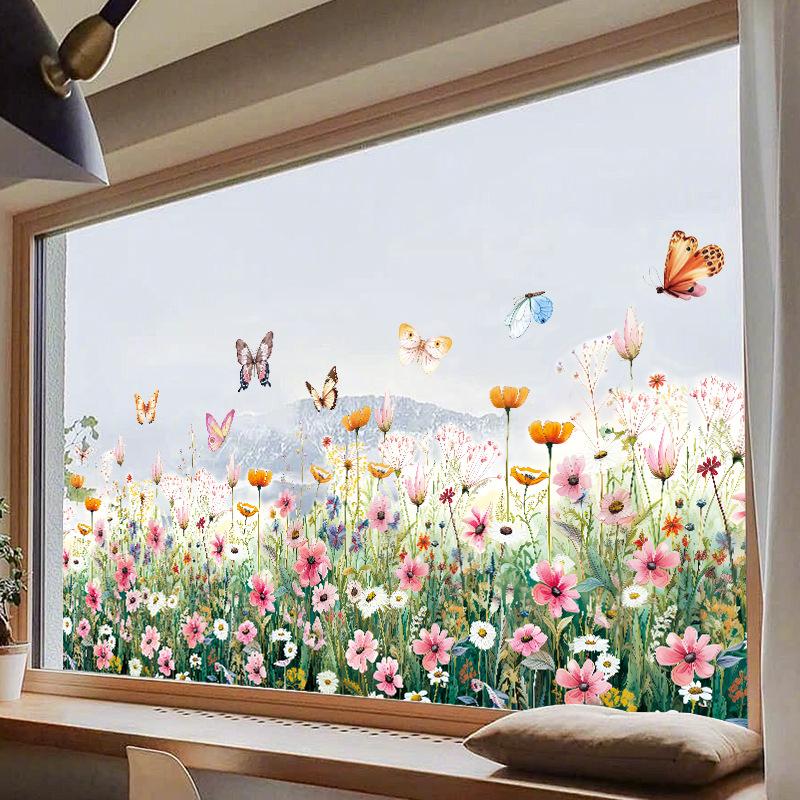 

Квіткові Наліпки на Стіну з Метеликами Самоклеючі Знімні Декалі для Спальні Вікна Коридору Входу Домашнього Декору 30x90CM різнокольоровий