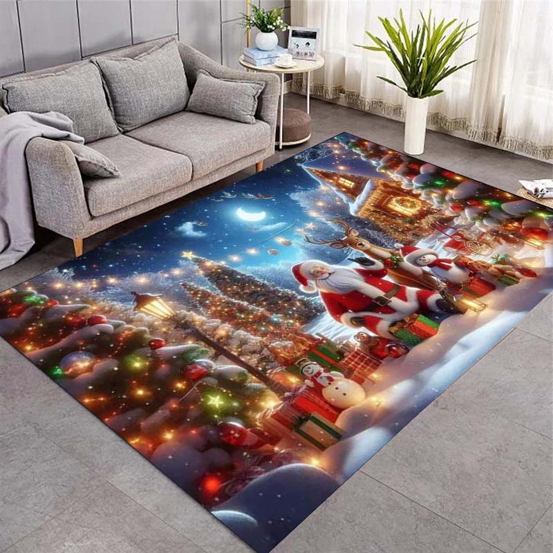 Weihnachts-Nikolaus Geschenkboxen Teppich, Weihnachten Kugeln Schnee Kiefernbaum Rutschfeste Fußmatte für Wohnzimmer Urlaubsdekoration