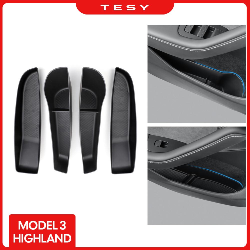 For Tesla Model 3 Highland 2024 Car Door Side Storage Box Front Rear Side TPE Door Storage Organizer Tray Interior Accessories
