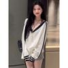 Korean Style Simple Loose White V-neck Long Sleeve Women Clothes Early Autumn New All-Match Bottoming Shirt Inner Wear T-shirt Mid-Length Top