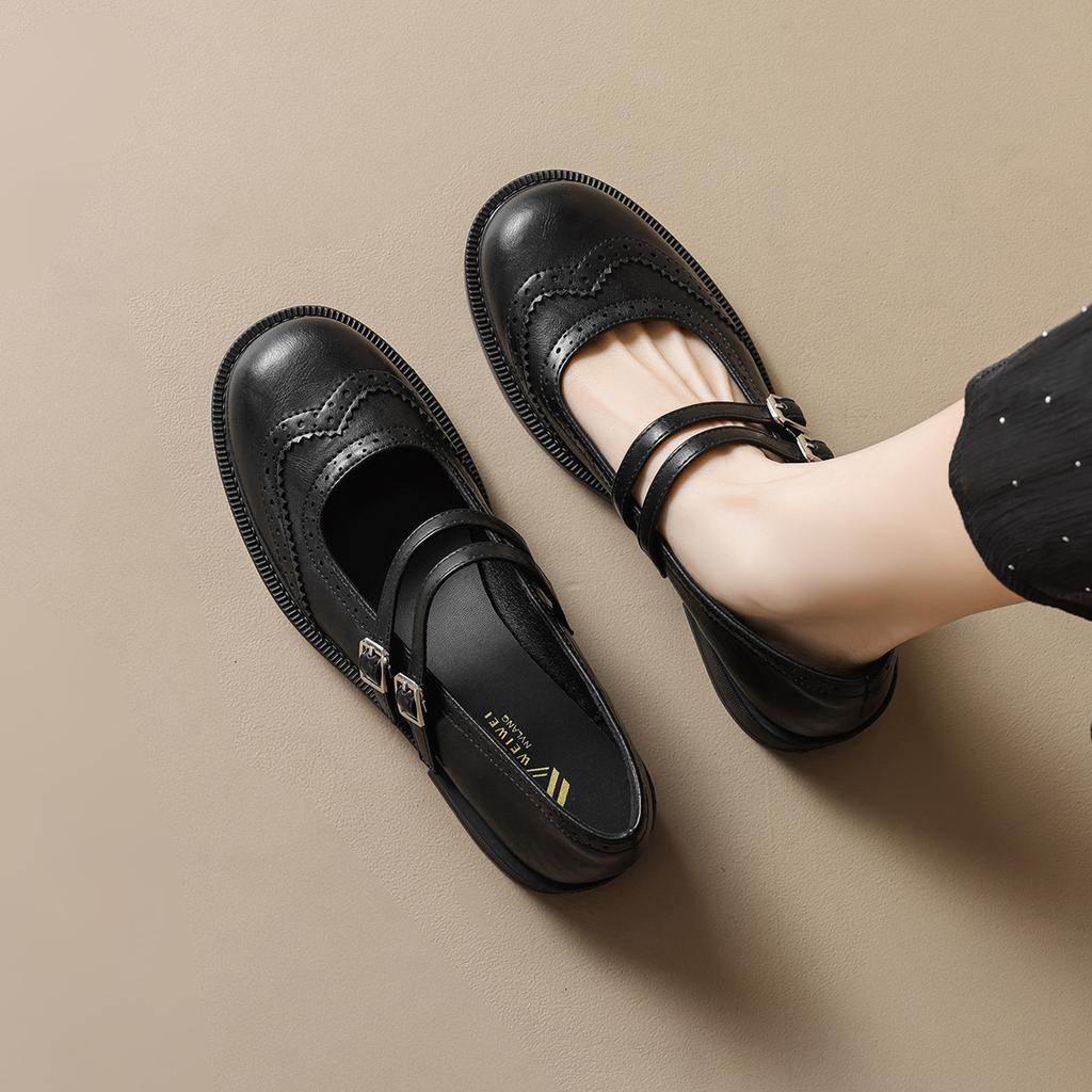1024-2 Vintage Thick-Soled Mary Jane Small Leather Shoes Women'S Dress Carved Double-Strap Single Shoes Chunky Heel