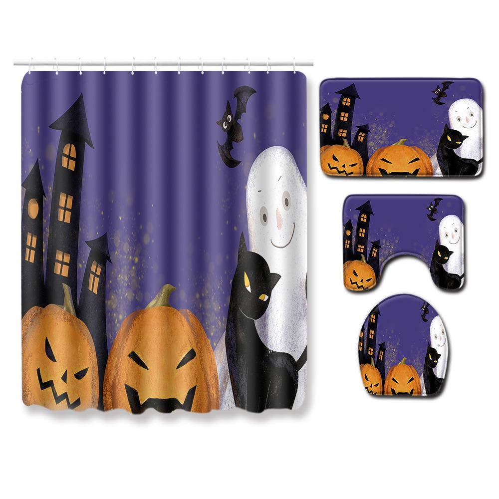 Halloween Duschvorhang Bodenmatte Kombination Vierteilige Haushalts-Fußmatte Schlafzimmer Rutschfester Teppich