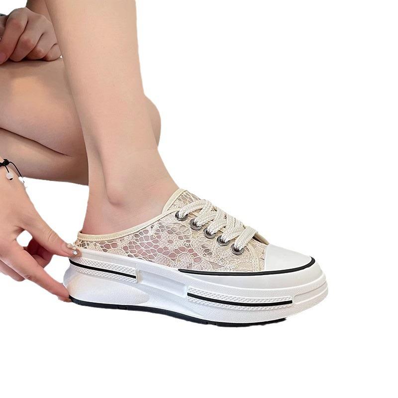 2024 summer new one-pedal bag head mesh hollow hole sandals half drag women wear ins thick-soled sandals