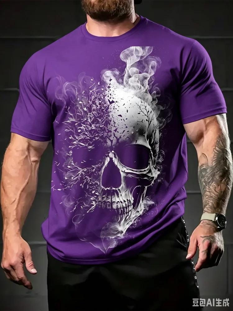 Street Style Koszulka z nadrukiem czaszki 3D Letnia Codzienna Spersonalizowana Hip Hop Okrągły dekolt Góra Męska Codzienna Moda Fitness Krótki rękaw Odzież męska