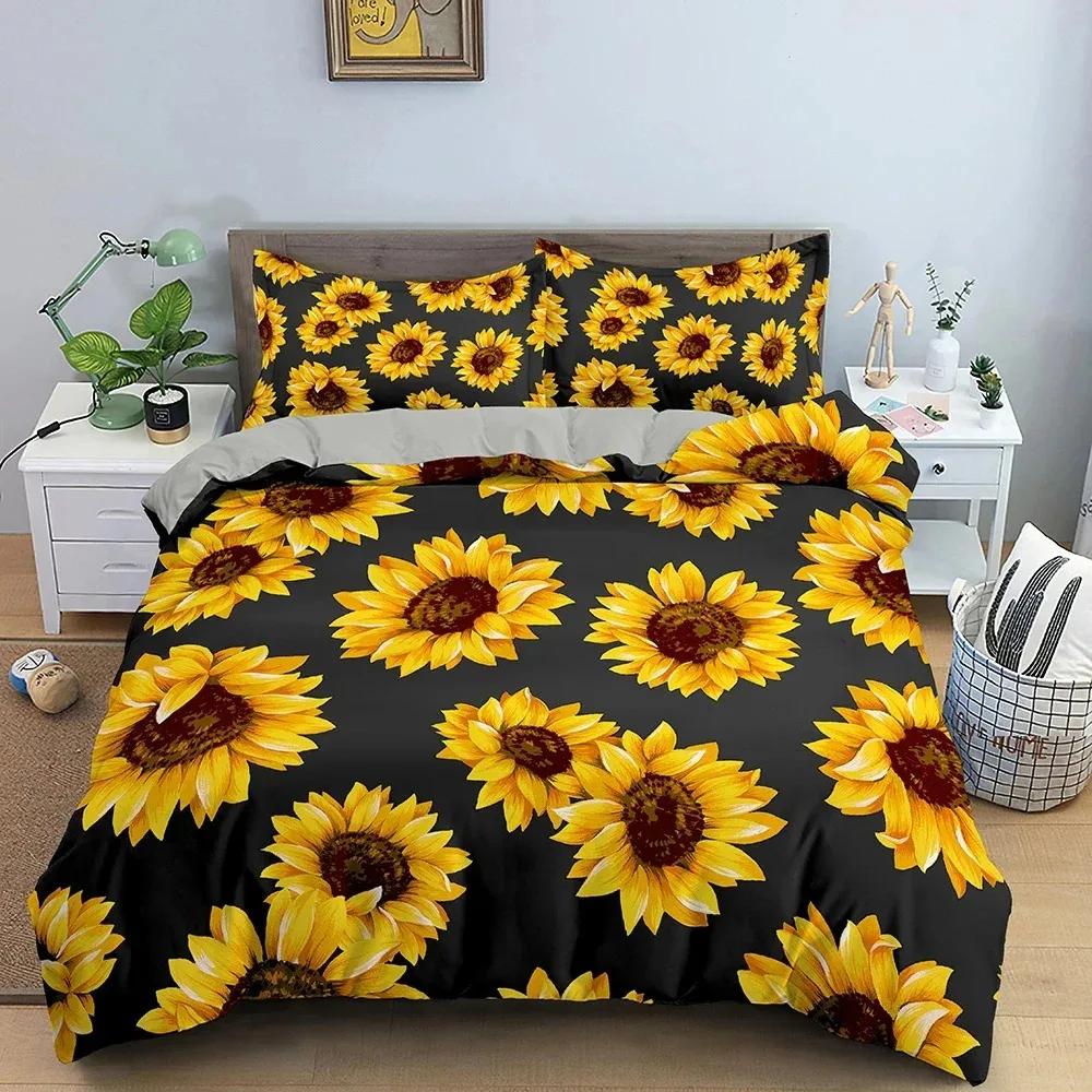 Sonnenblumen Bettbezug Florales Bettwäscheset 3D-gedruckte Bettdeckenbezüge mit Kissenbezug Einzelbett Doppelbettgröße Heimtextil