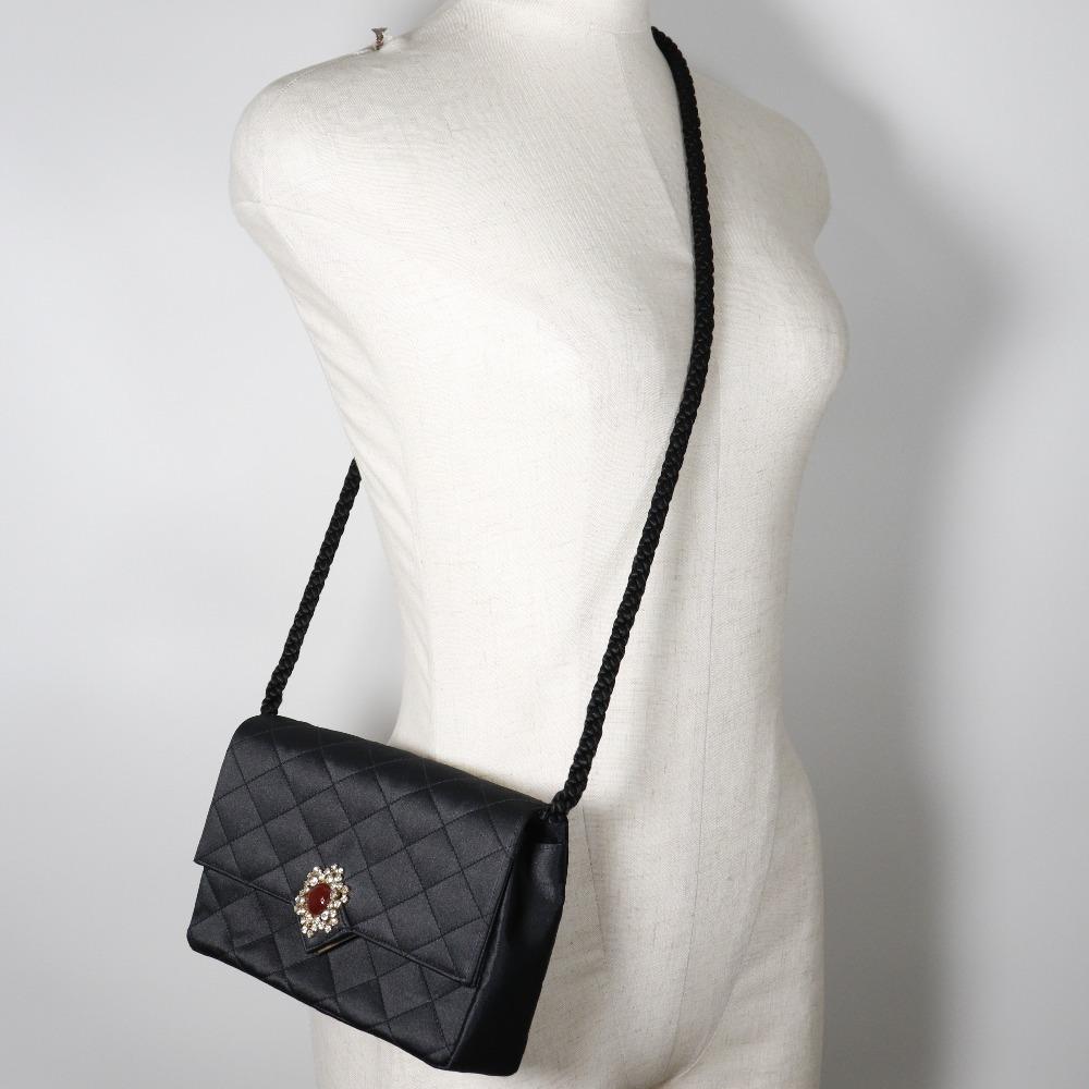 Chanel Matelasse Shoulder Bag Vintage Black Satin/Rhinestone Women Used