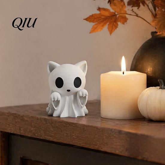 Desktop Miniature Statue Halloween Ghost Cat Statue, 3D Printed Ornament, White Gothic Home Accessory Cute Figurine for Office Desk Decoration