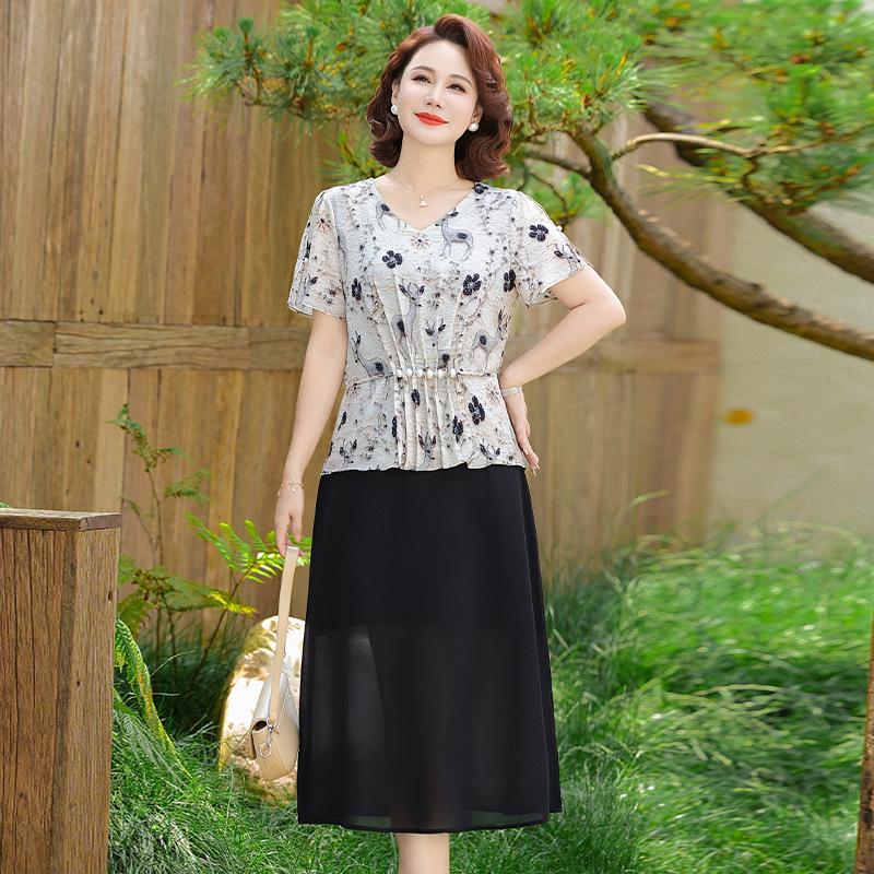 

2026 Summer Plus Size Loose Dress Set for Middle-aged & Elderly Ladies L білий