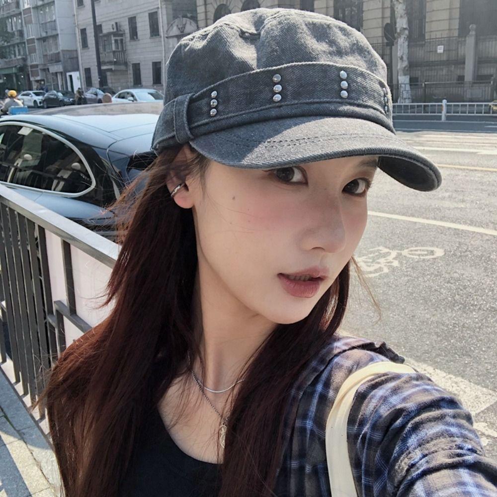 Washed Denim Peaked Cap Y2k Cadet Cap Fashion Flat Top Hat Men Women