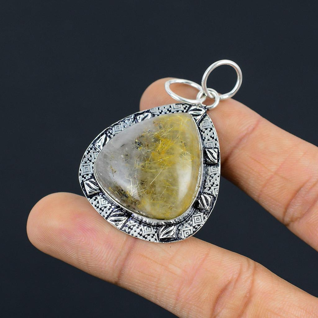 Friendship Day Sale 925 Silver Golden Rutile Stone Anniversary Pendant Jewelry
