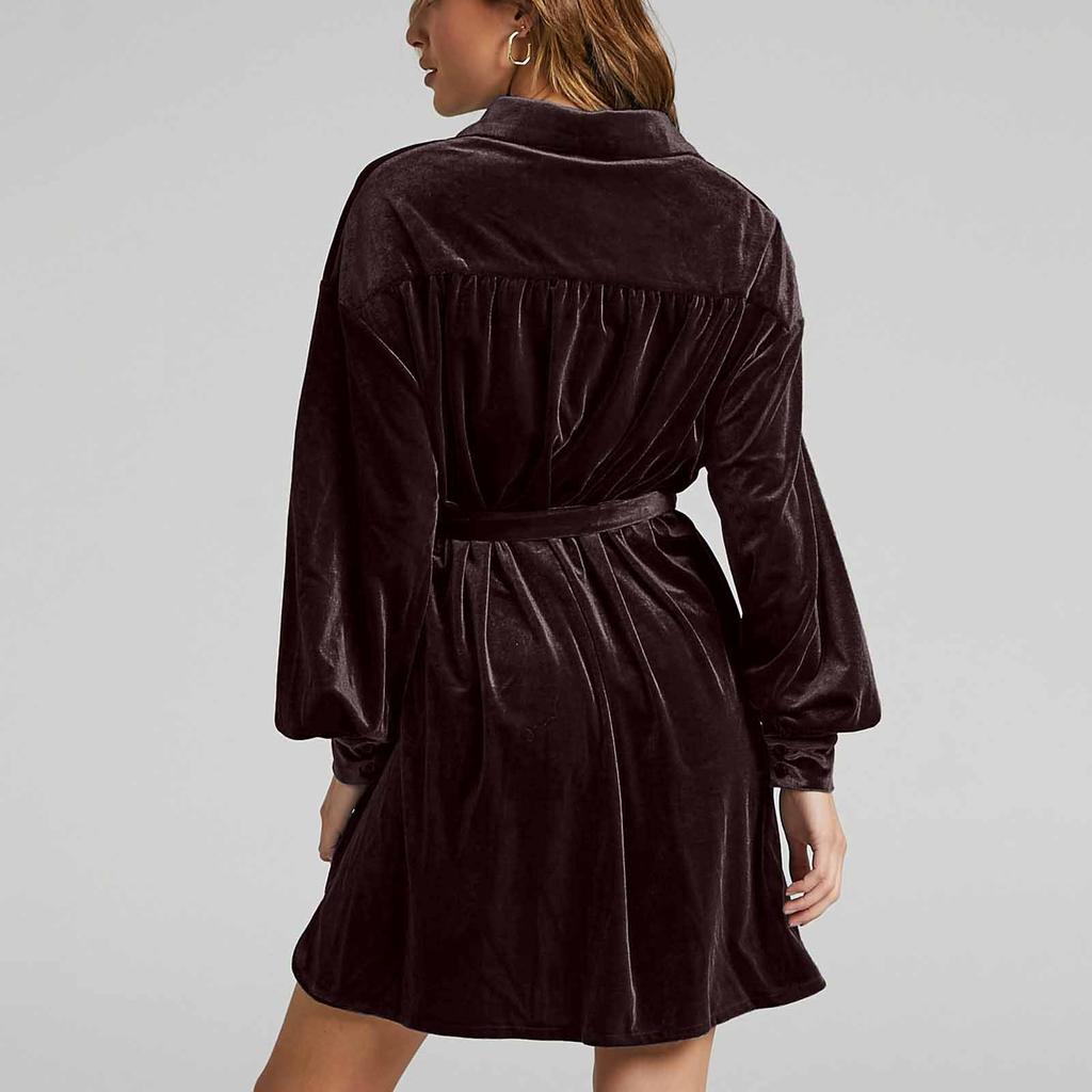 Women's Fashion Long Sleeve Color Pocket Canary Velvet Dress