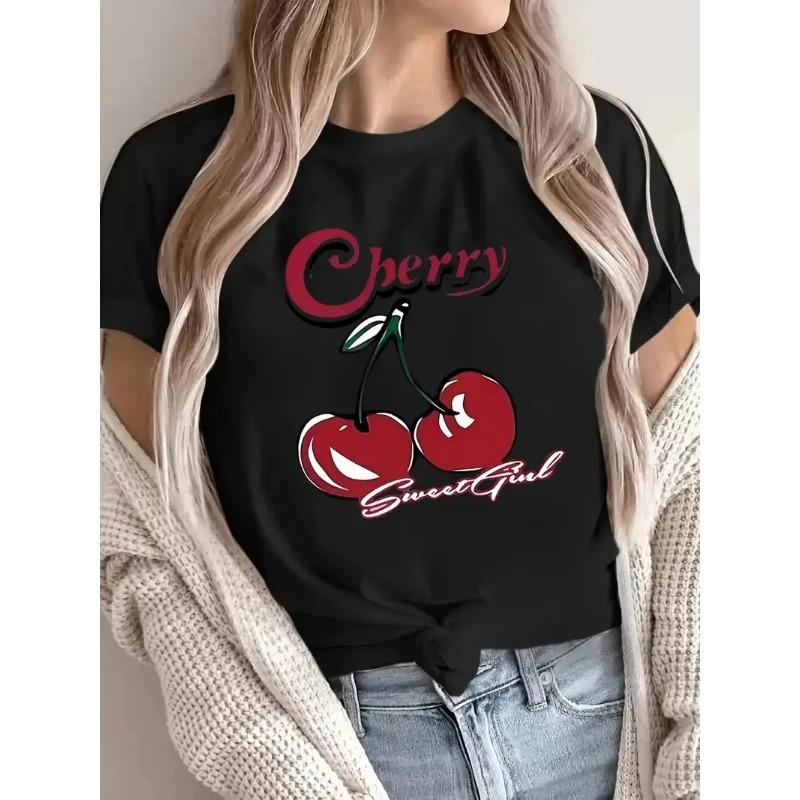 Summer Round Neck 3D Cherry Print Top Fashionable Casual Short Sleeved Women's T-shirts