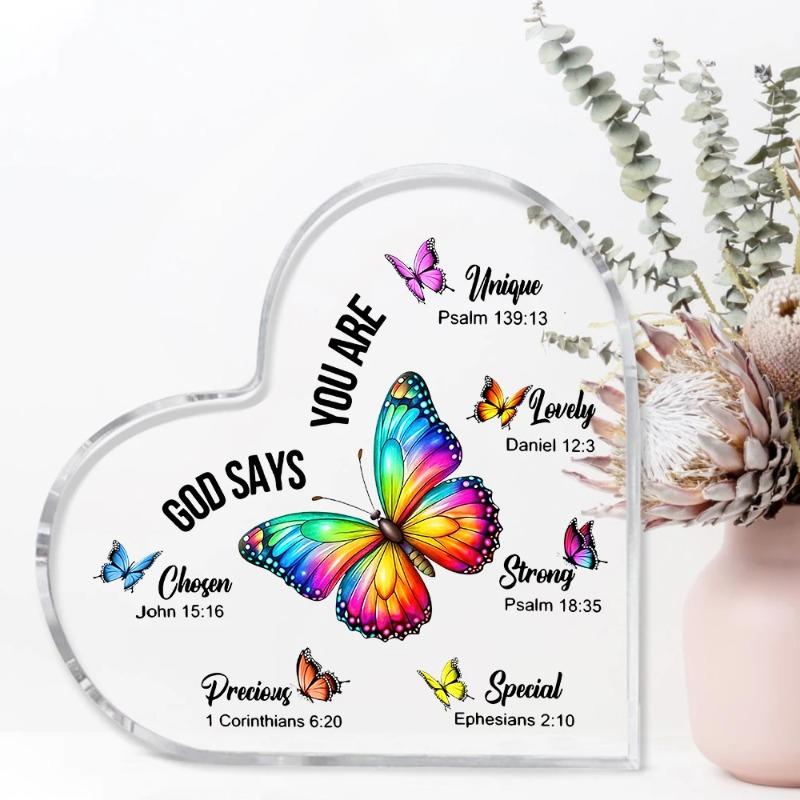 2D Flat Christian Gift Acrylic Heart Butterfly Desktop Decorative Plaque, Home Decor Plaque Hanging Wall Art Decorative Garden Decoration for Room Doo