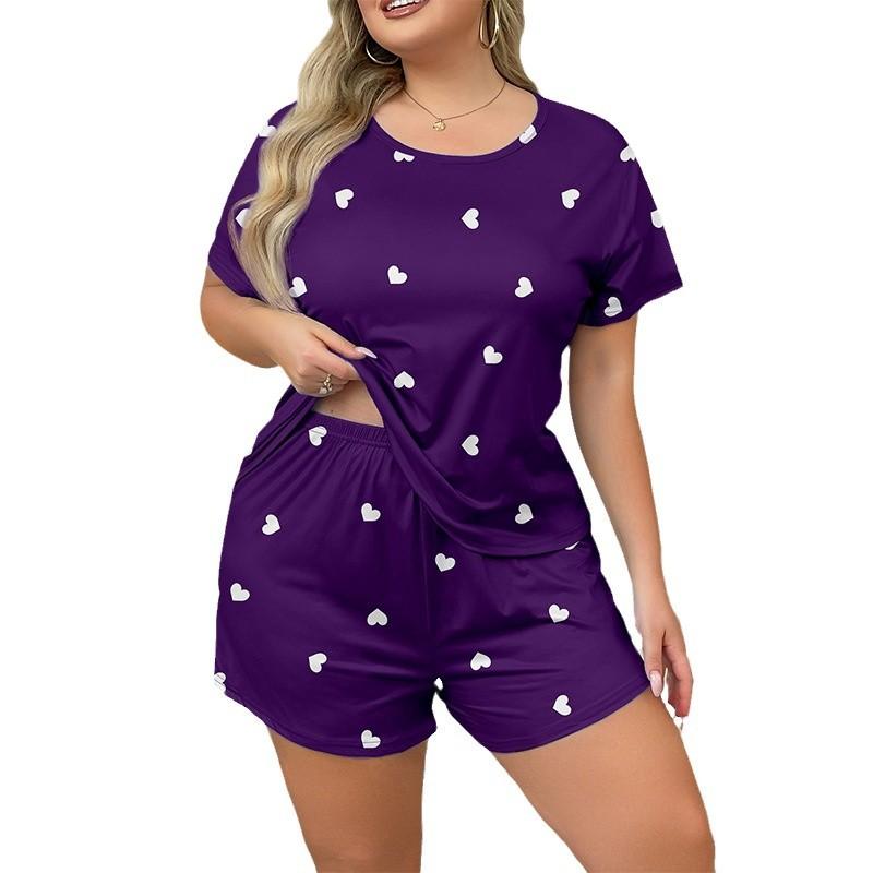 Sommer Übergröße 3XL 4XL 5XL Kurzarm Tops und Shorts Pyjama-Set Lässig übergroß lila Herz-Print Pyjamas für Frauen Nachtwäsche-Set Homewear