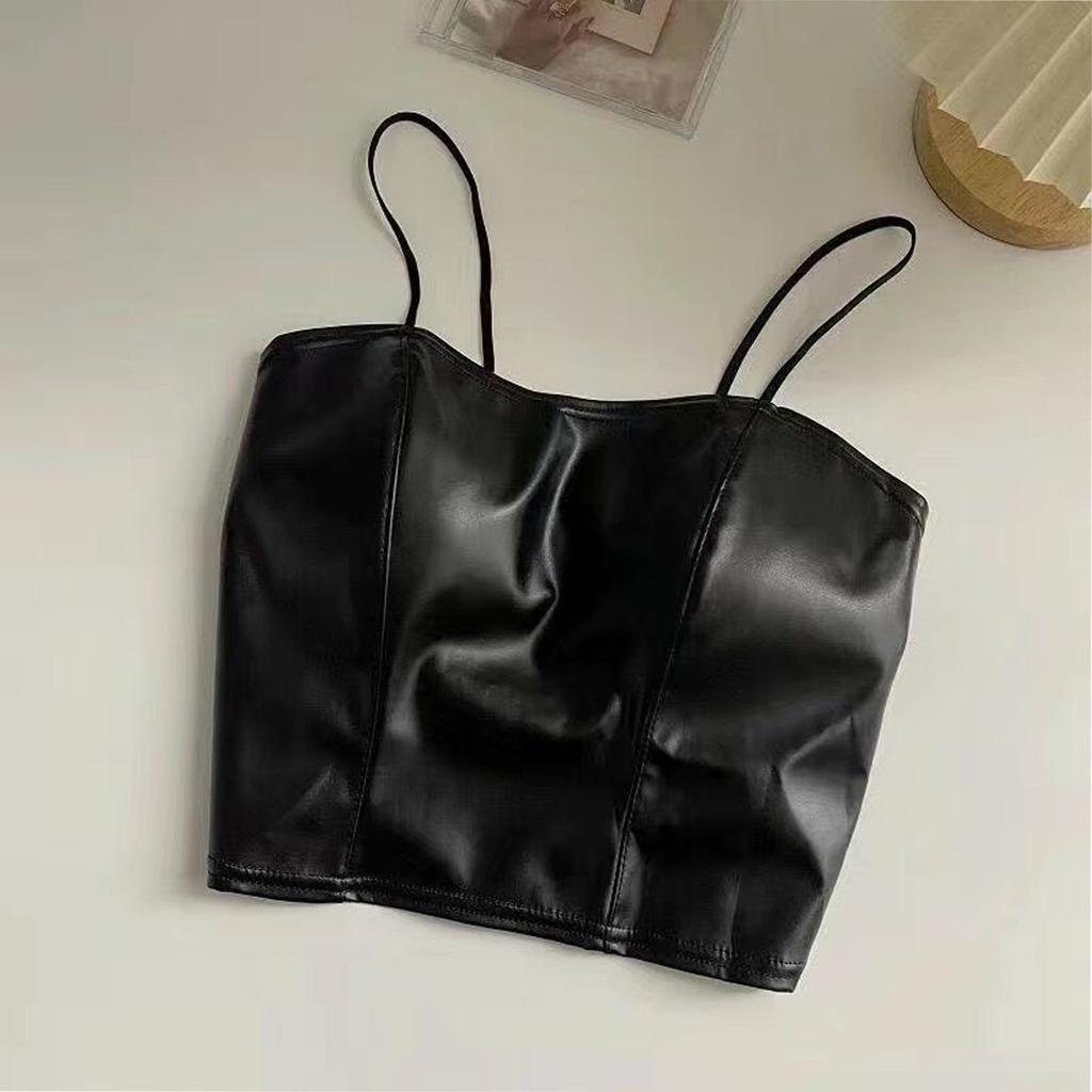 Women's Retro Leather Slim Short Fixed Cup Bra Pad Outerwear Camisole Top