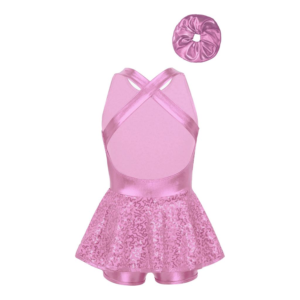 Barneshowdrakt med paljetter, kryssrygg, uten ermer, kjole med sløyfe, jazzdanskostyme med hårbånd