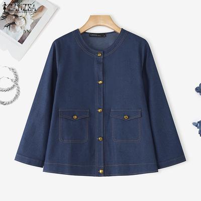 Blusa Casual da Donna a Maniche Lunghe con Scollo Rotondo in Denim Vintage