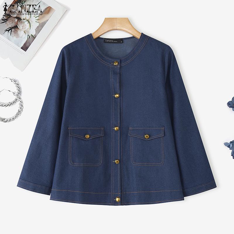 ZANZEA Women Casual Round Neck Long Sleeve Vintage Denim Blouse