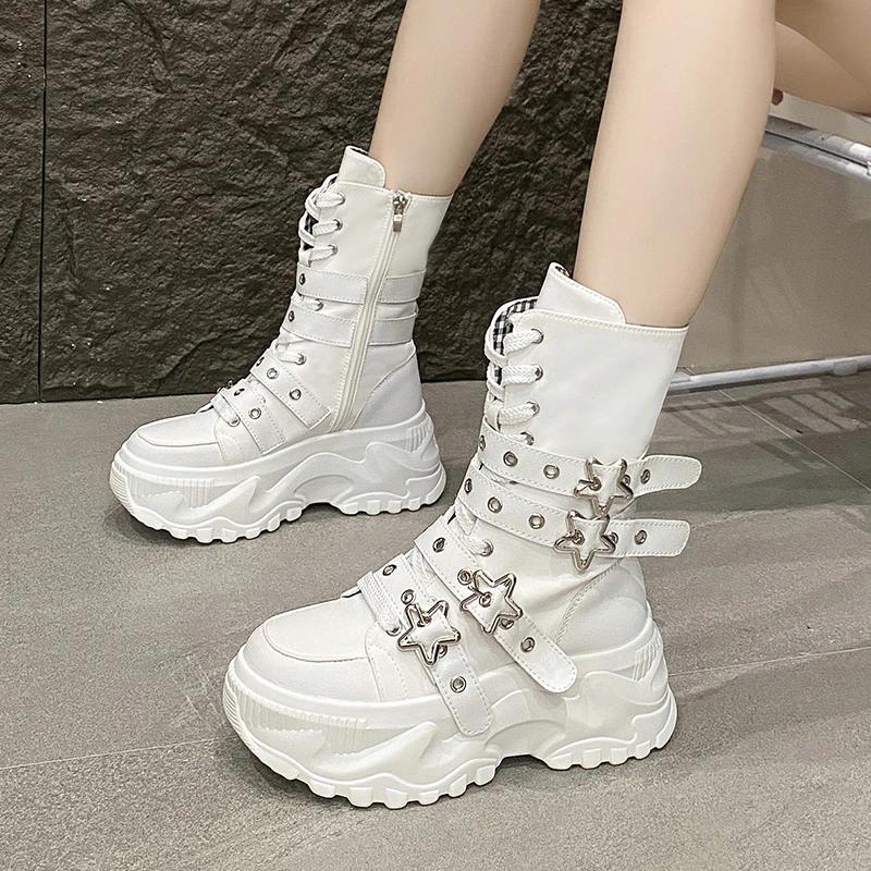 Fashion Rock Shoes Woman Luxury Designer Flat Heel Boots-Women Round Toe Fashion 2025 Ladies Autumn Med Ankle Slip-On Cotton Fabric