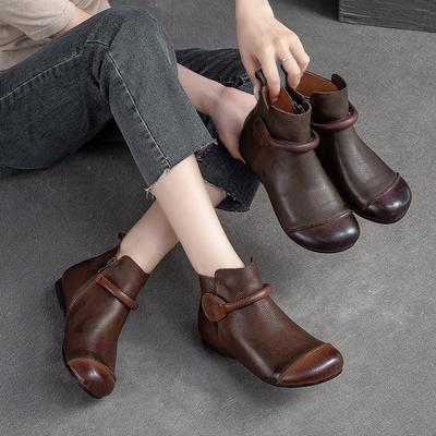 Genuine Leather Retro Women's Boots Side Zipper Round Toe Simple Versatile Women's Flat Shoes