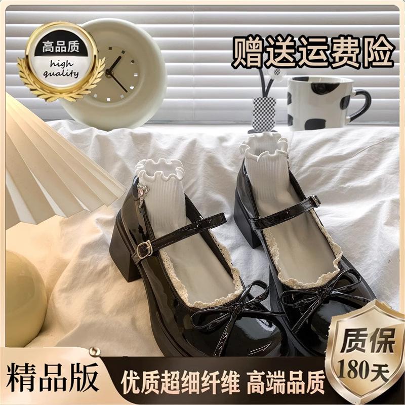 

French lace bow high heels women s 2025 summer new with skirt Japanese thick heel Mary Jane small leather shoes 40