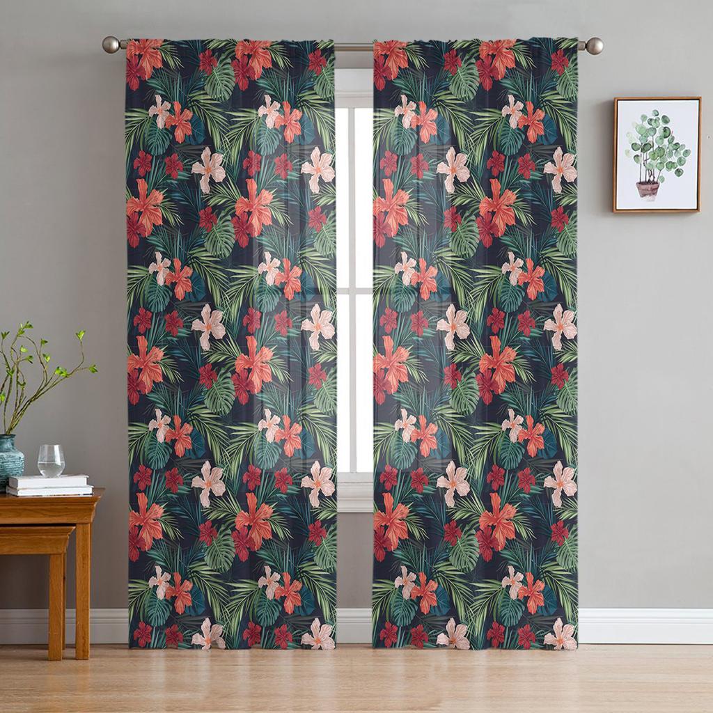 Hawaiian Flower Plant Jungle Palm Tropical Sheer Curtains for Living Room Bedroom Decor Window Voile Tulle Curtain Drapes