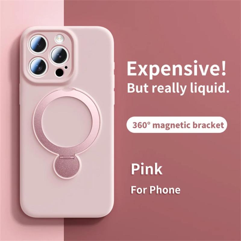 Magnetic Bracket Phone Case For iPhone Air 17 16 15 14 13 Pro Max for Magsafe Liquid Silicone 360°Rotate Metal Ring Stand Cover