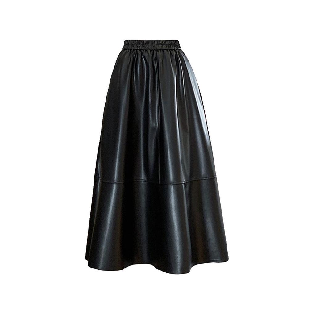 2025 Autumn/Winter Women's High-Waisted PU Leather A-Line Midi Skirt - Elastic Waist, Loose Bodycon Design
