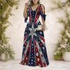 Women Plus Size V Neck Cold Shoulder Tie Cuff Short Sleeve Star Printed Red Blue Silver A Line Long Dress