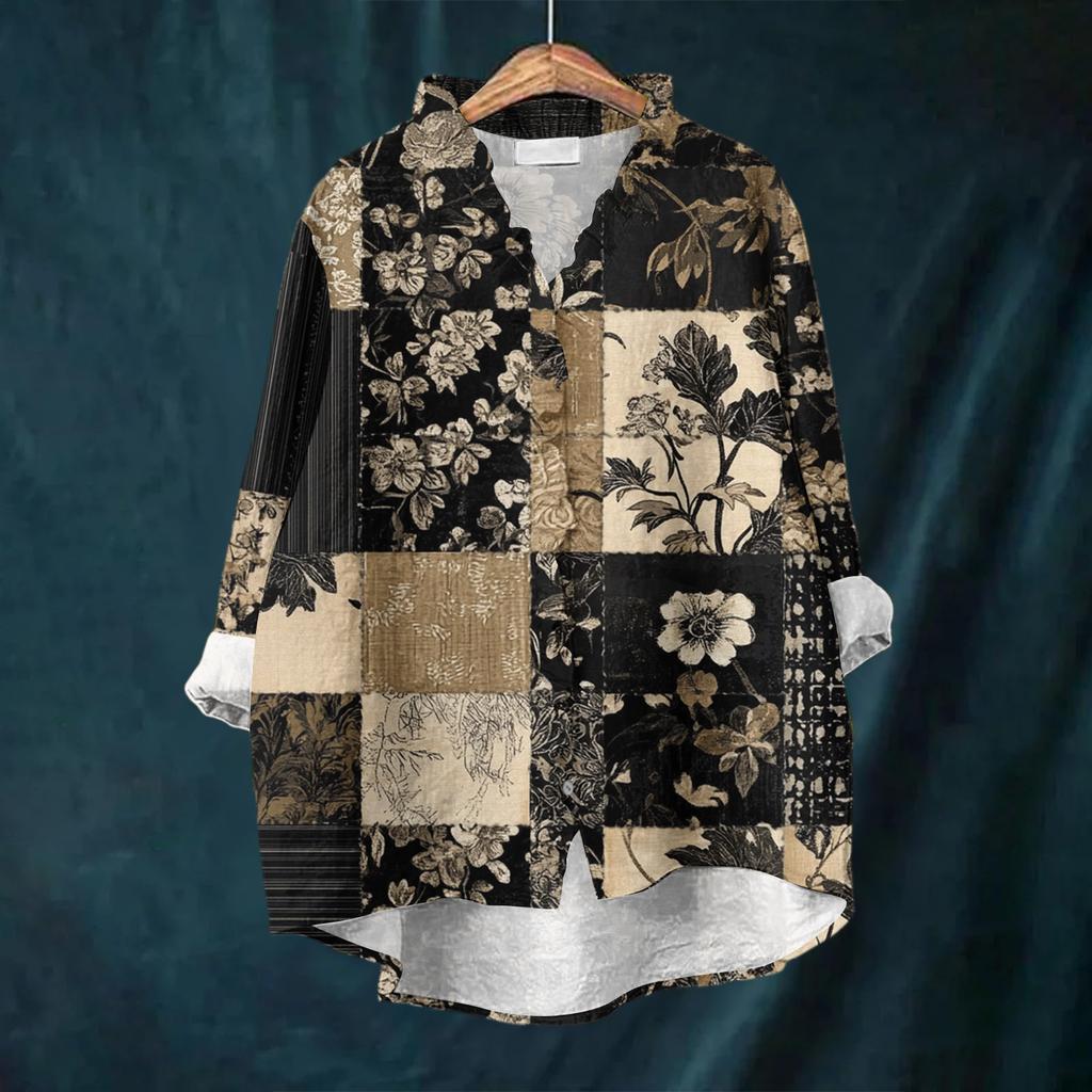 Women's Loose Ruffled Floral Print Stand Collar Long Sleeve Cotton And Linen Top