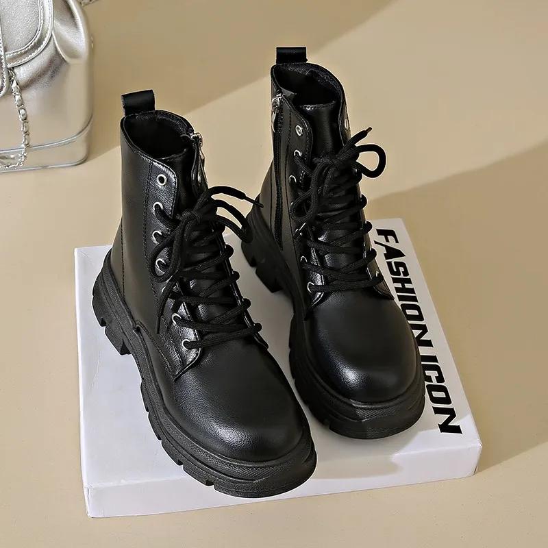 Women Ankle Boots Real Leather Thick High Heels Shoes Fall Winter  Platform Short Booties Casual Dress