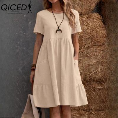 Women's Fashion Summer Spring Solid Color Print O-Neck High Waist Casual Dresses