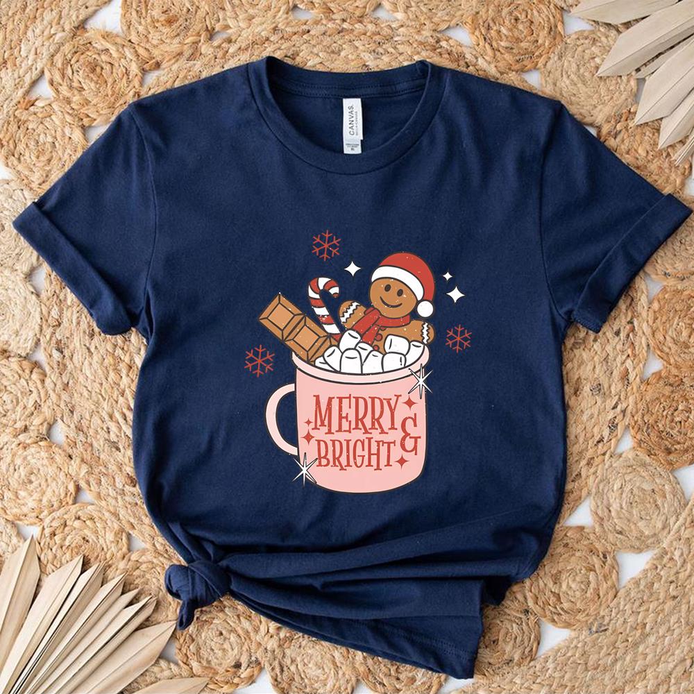 Gingerbread Retro Merry T Shirt Cute Xmas Tshirt Christmas Graphic T Shirts Merry Christmas Tee Womens Holiday Tops
