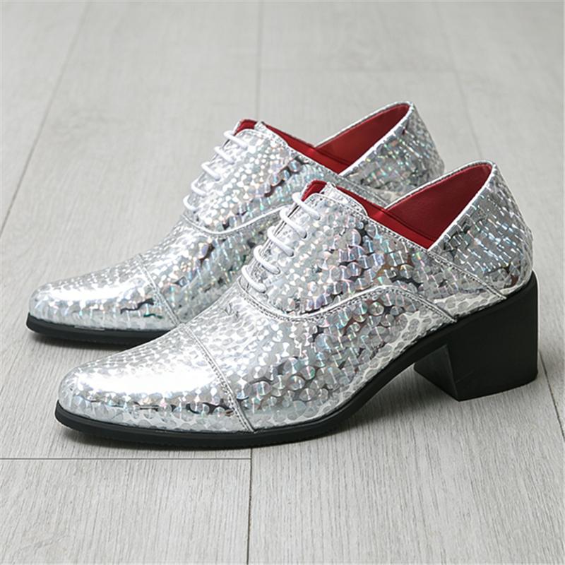 British Designer Trend New Men's Pointed Gold Silver Blue Leather Elevator Shoes for Men Luxury Wedding Prom Homecoming Footwear