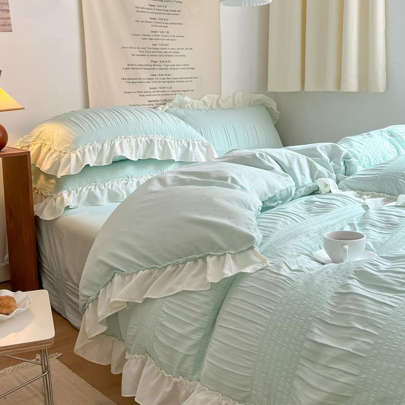 Set Biancheria da Letto in Pizzo Seersucker Stile Ins Cotone Lavato Coreano Copripiumino 4 Pezzi Copripiumino Colore Unito per Decorazione Casa Ragazza