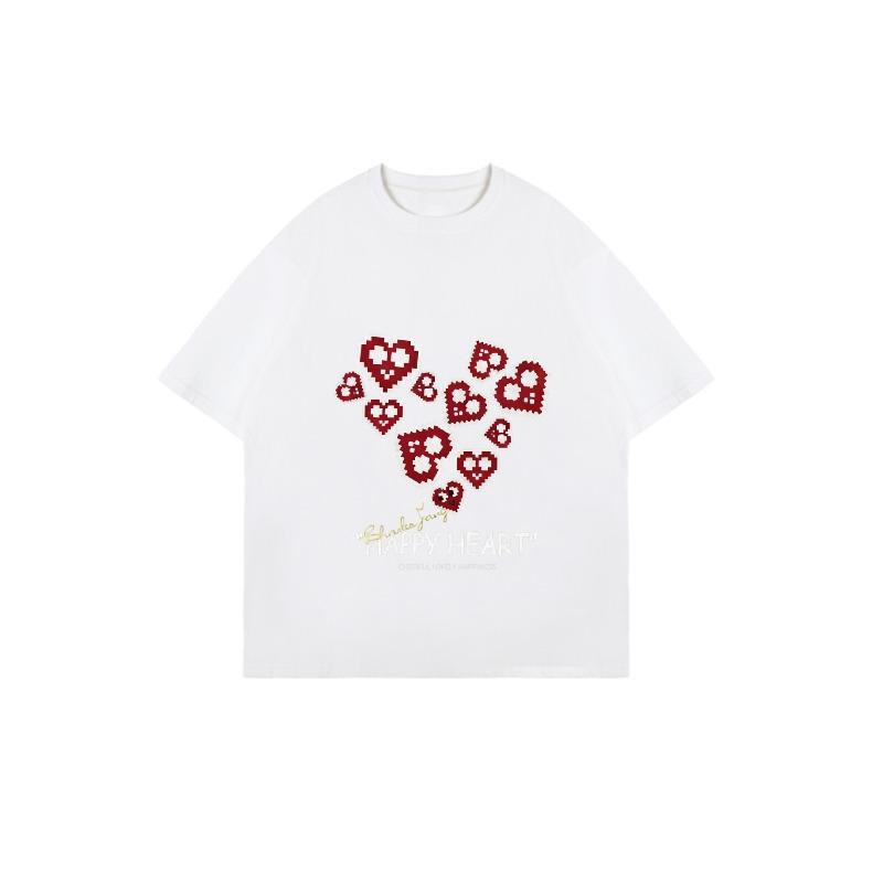 Oversized T Shirt Black Pixel Heart Pattern Happy Heart Text Print Casual Streetwear Fashion Women Summer Top
