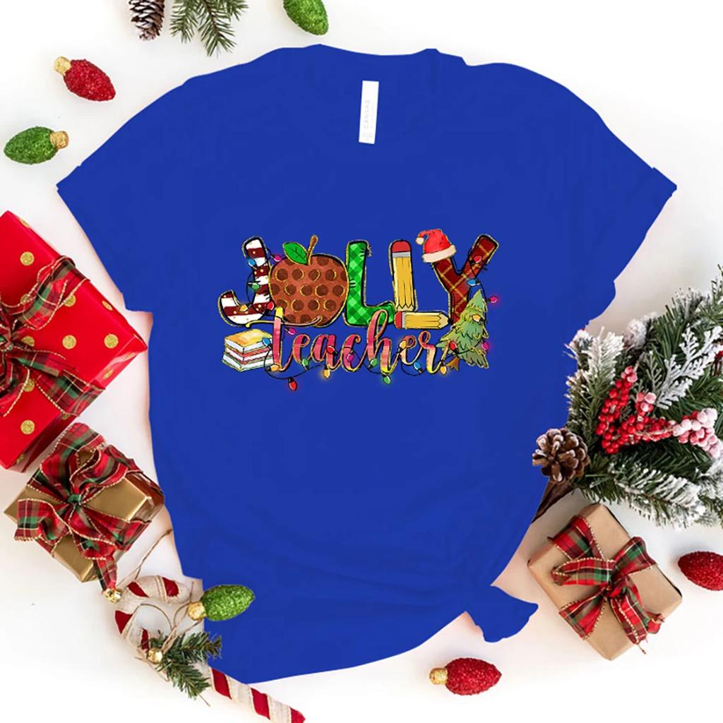 Funny Christmas Jolly Teacher Letter Printing T-Shirts For Women Summer Tee Shirt Femme Casual Short Sleeve Round Neck Tops